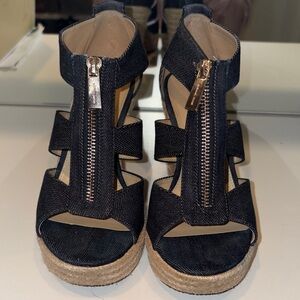 Michael Kors Navy Denim Espadrille Platform Sandals with Gold Zipper